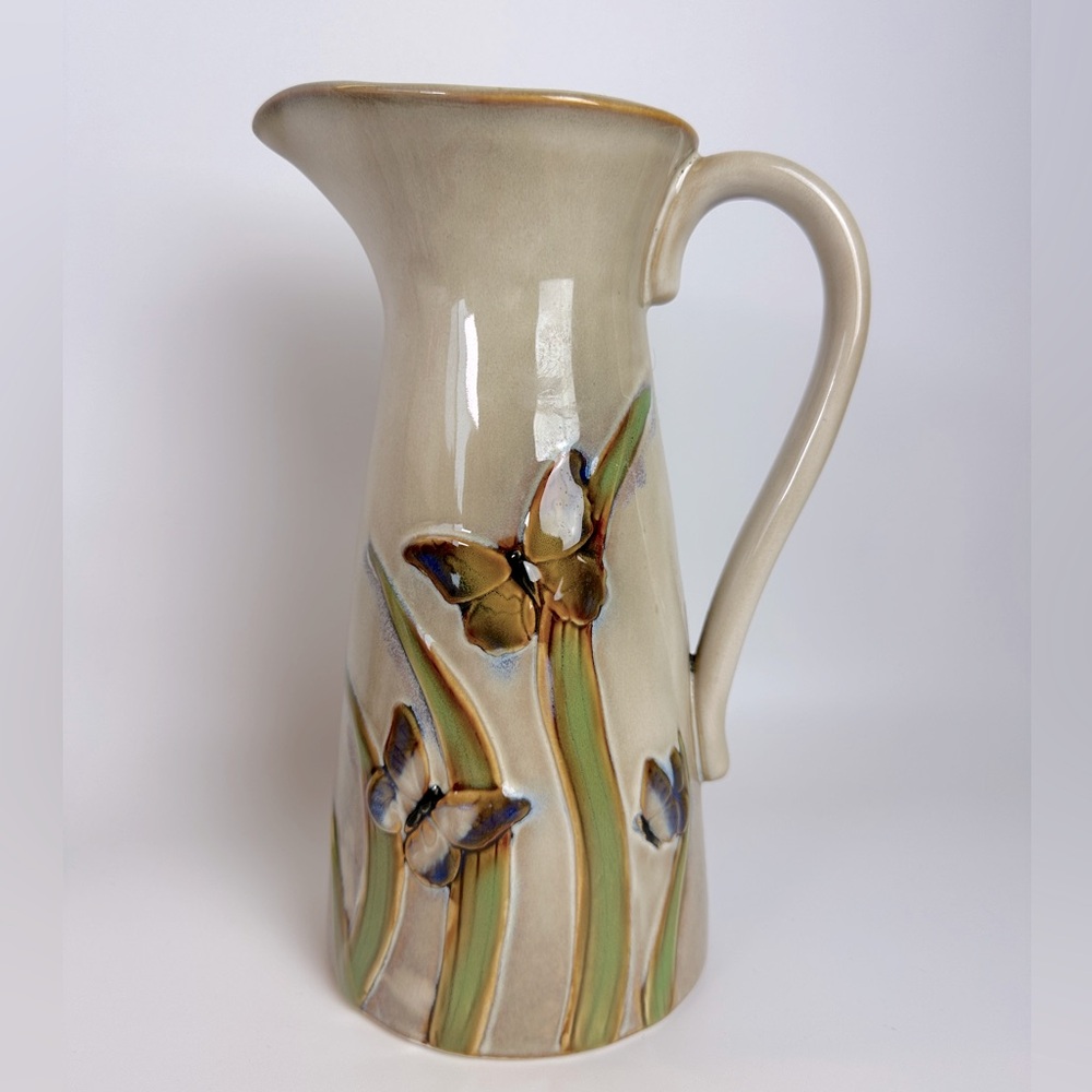 Burton & Pitcher w/ Handle Embossed Butterflies Brown Glazed Pottery Vase 9-3/8”